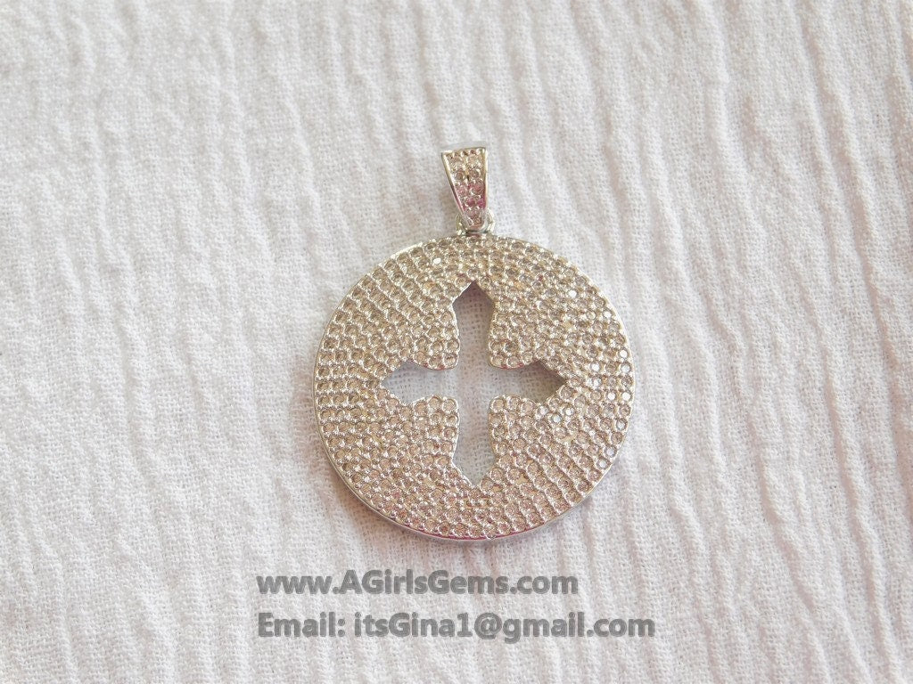 CZ Micro Pave Cross Pendant, Round Disc Cubic Zirconia Charms, Gold