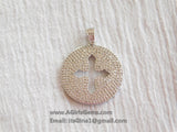 CZ Micro Pave Cross Pendant, Round Disc Cubic Zirconia Charms, Gold