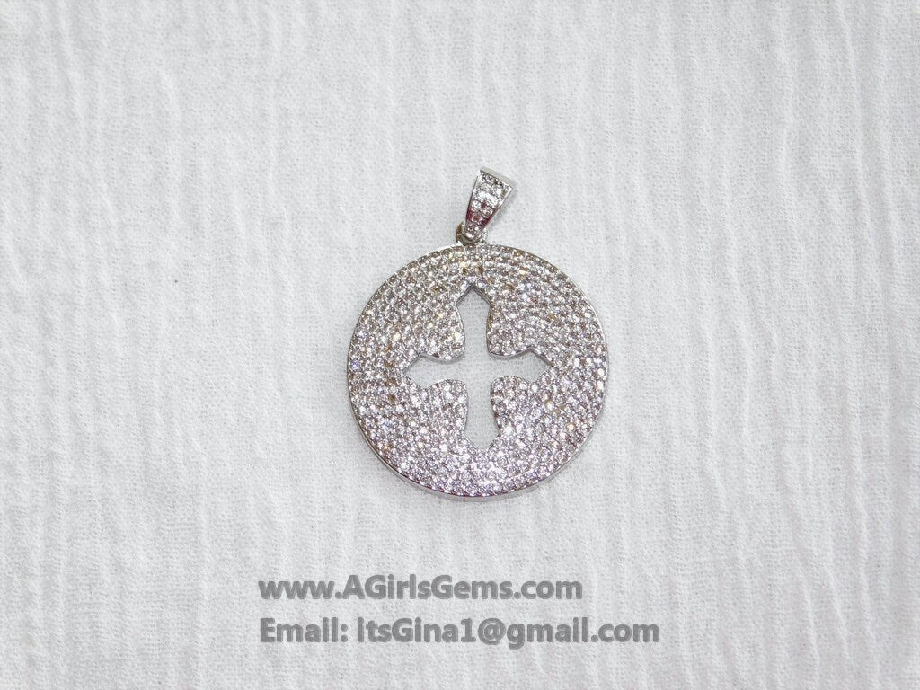 CZ Micro Pave Cross Pendant, Round Disc Cubic Zirconia Charms, Gold