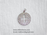 CZ Micro Pave Cross Pendant, Round Disc Cubic Zirconia Charms, Gold