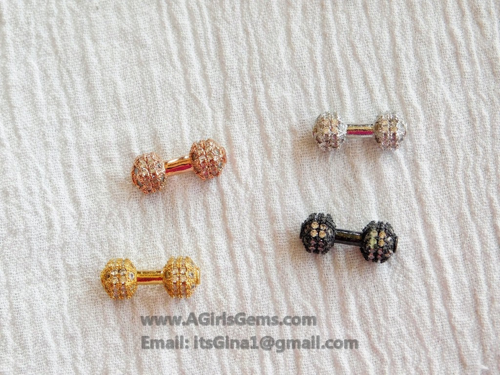 Barbell Charm Beads, Charm Holder Bead Connectors, 18 k Rose Gold/Silver/Gold or Black Rhodium Plated Dumb Bell 7x16/9x20 mm Dumb bell beads