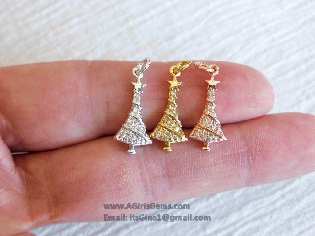 Micro Pave CZ Christmas Tree Charm, CZ Gold Christmas Tree Clear Cubic Zirconia #259, Holiday Jewelry