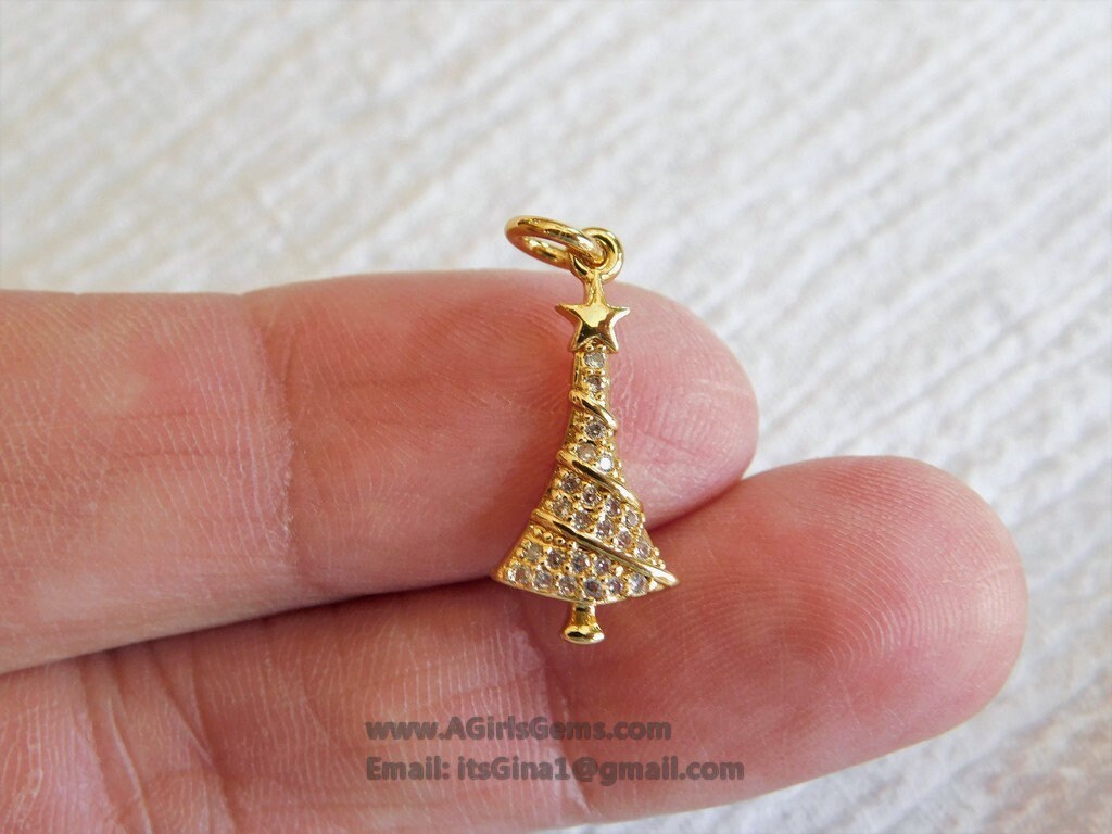Micro Pave CZ Christmas Tree Charm, CZ Gold Christmas Tree Clear Cubic Zirconia #259, Holiday Jewelry