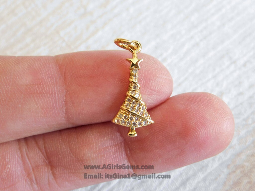 Micro Pave CZ Christmas Tree Charm, CZ Gold Christmas Tree Clear Cubic Zirconia #259, Holiday Jewelry