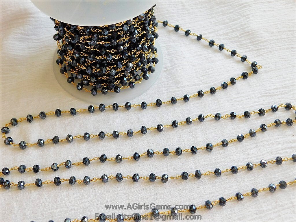 22k Gold Plated Black AB Rosary Chain, 6 mm Chains for Boho Jewelry CH #336, Gold Plated Mystic Grey AB