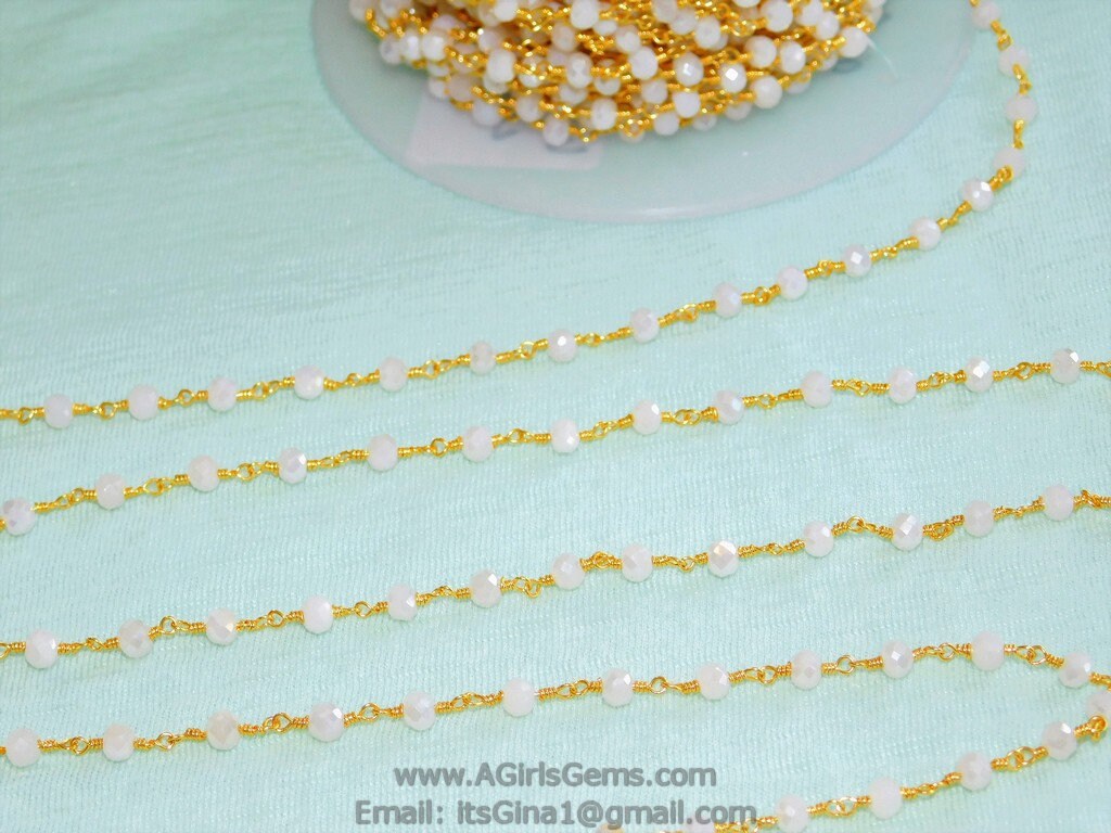 White Rosary Chain, Silver Plated White Chalcedony AB Mystic CH #432, 4 mm Wire Wrapped