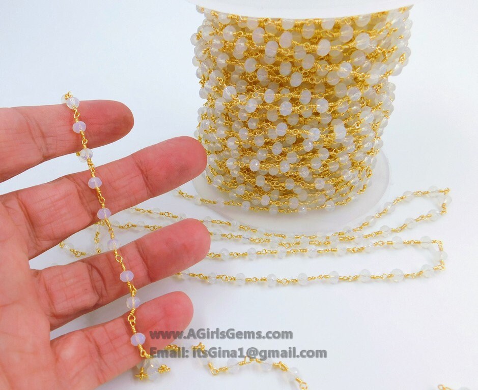 White Opal Beaded Rosary Silver Chain, Black or Gold Wire Wrapped CH #316, 4 mm Opalite Clear Chain