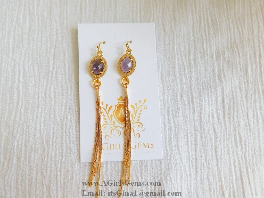 CZ Amethyst Gold Tassel Dangle Earrings CZ March Birthstone Teardrop Earrings Gold Plated Tassel Earrings