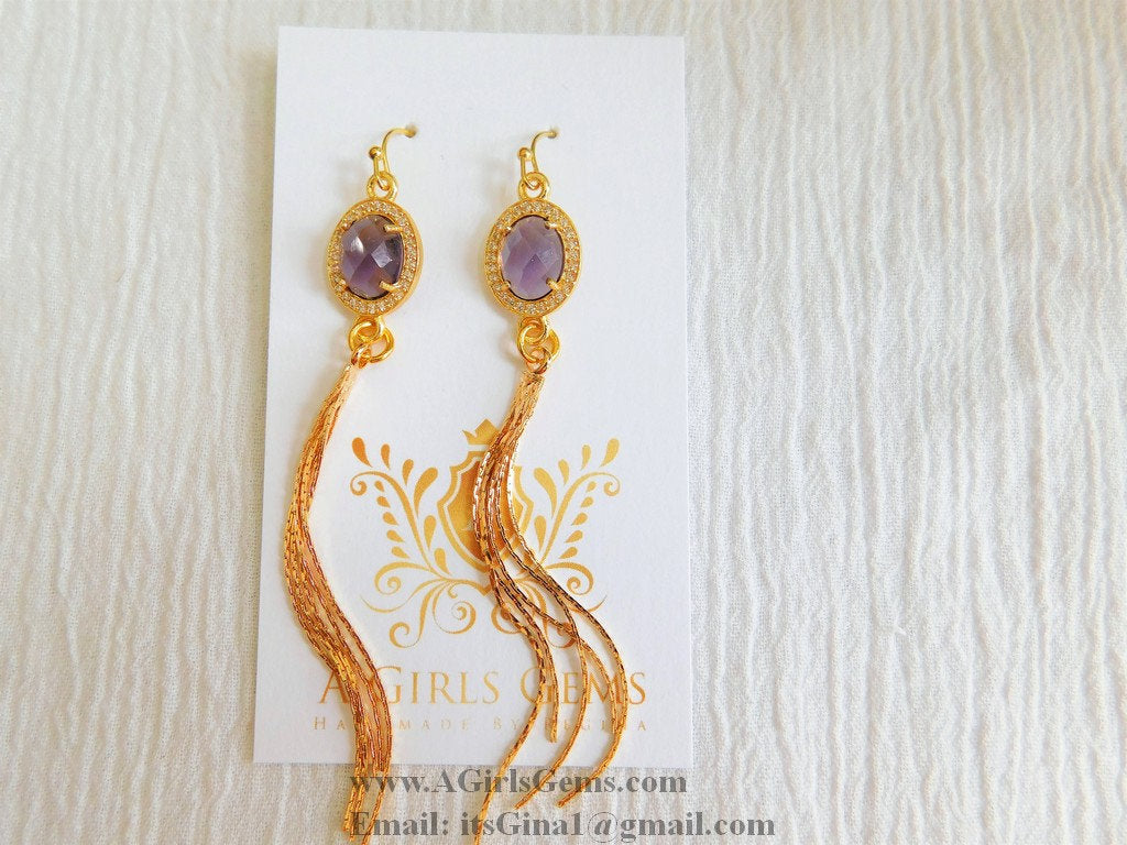 CZ Amethyst Gold Tassel Dangle Earrings CZ March Birthstone Teardrop Earrings Gold Plated Tassel Earrings