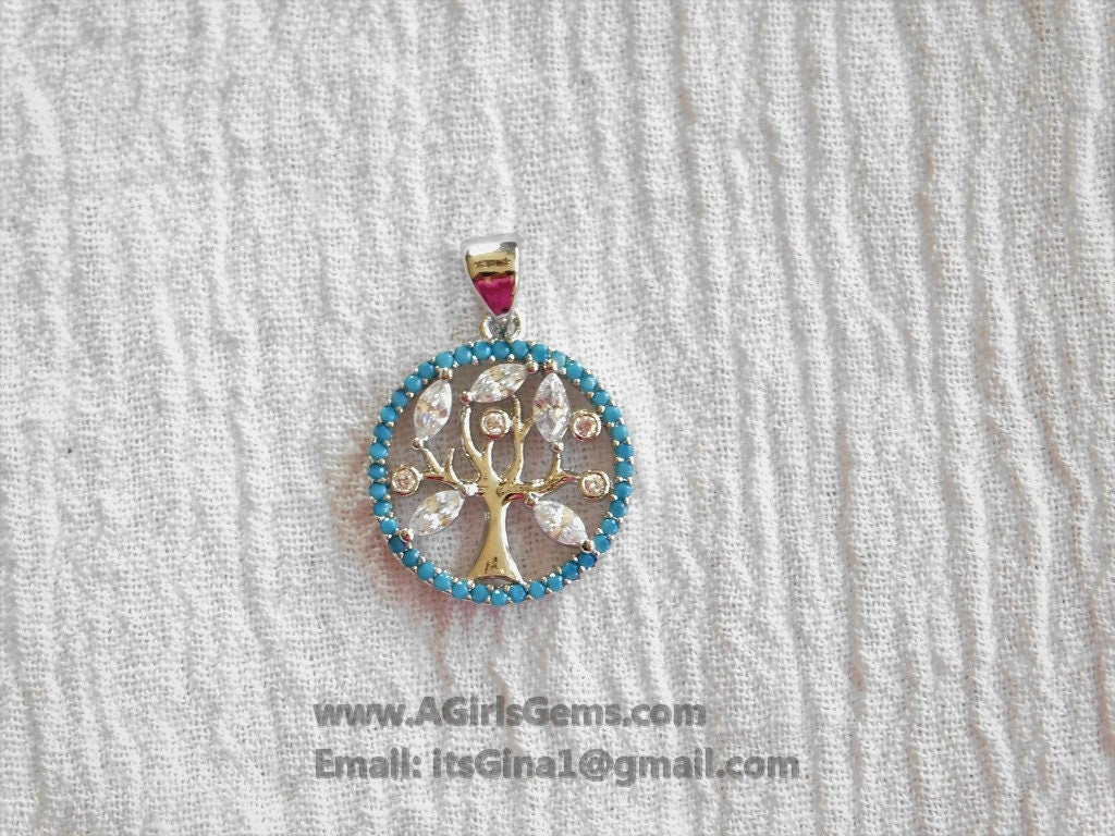 Turquoise Tree of Life Charm, CZ Silver Tree # 86, Blue Turquoise Charms
