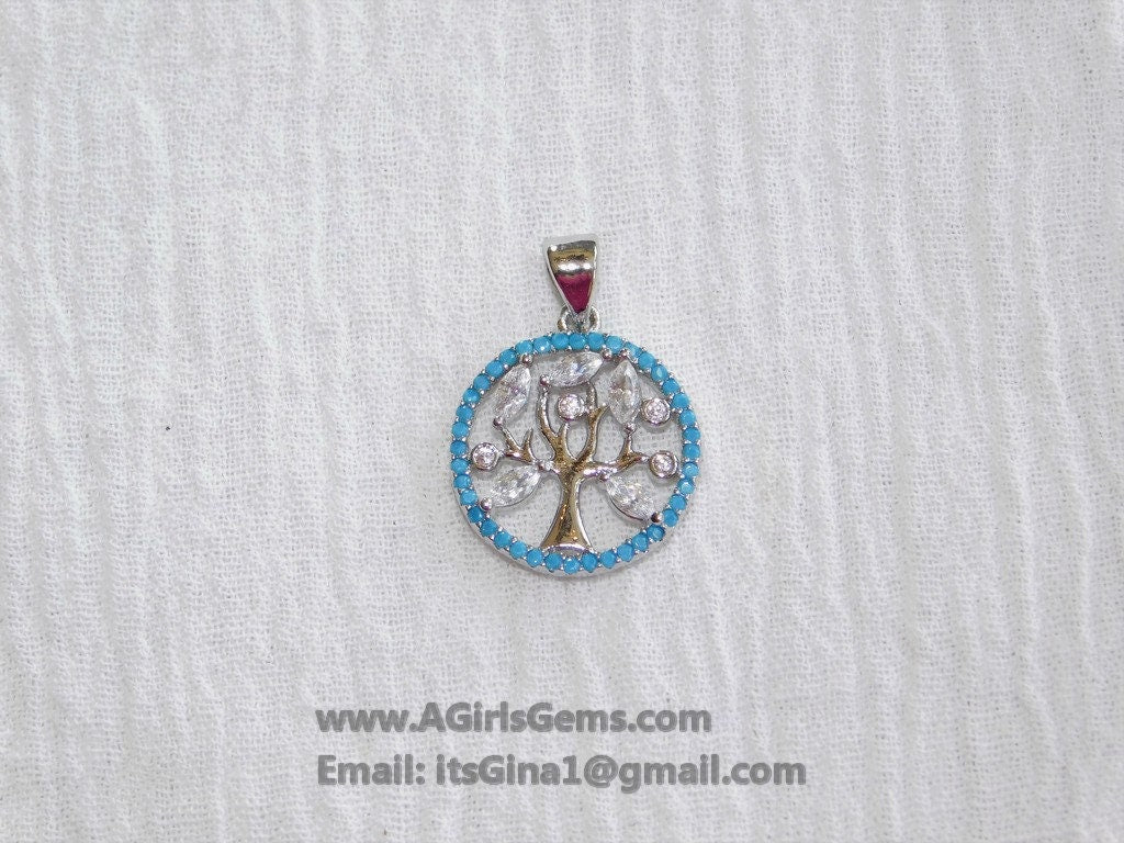 Turquoise Tree of Life Charm, CZ Silver Tree # 86, Blue Turquoise Charms