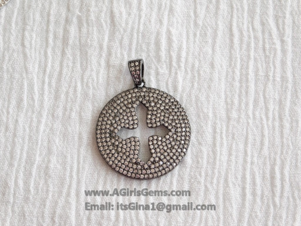 Round Disc Cross Pendant, CZ Micro Pave Cross 18 k Gold/Silver/Black Rhodium Plated Beads Cubic Zirconia Paved Holy Cross for Jewelry Making
