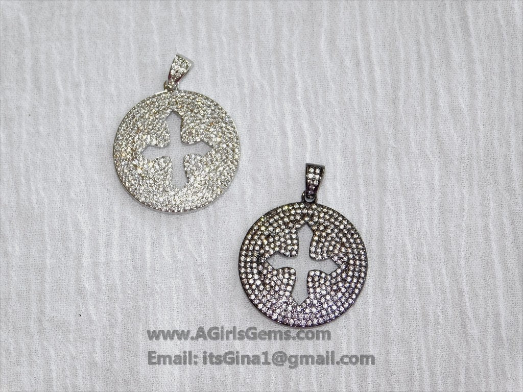 CZ Micro Pave Cross Pendant, Round Disc Cubic Zirconia Charms, Gold