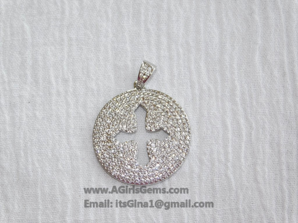 CZ Micro Pave Cross Pendant, Round Disc Cubic Zirconia Charms, Gold