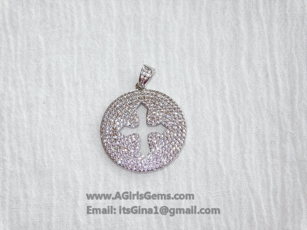 CZ Micro Pave Cross Pendant, Round Disc Cubic Zirconia Charms, Gold