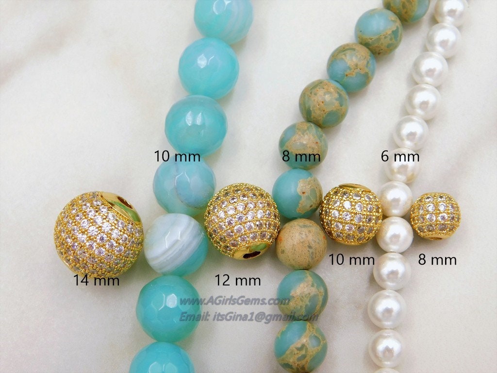 CZ Micro Pave Round Beads, Rose Gold CZ Round Beads, Silver Cubic Zirconia Diamond Pave