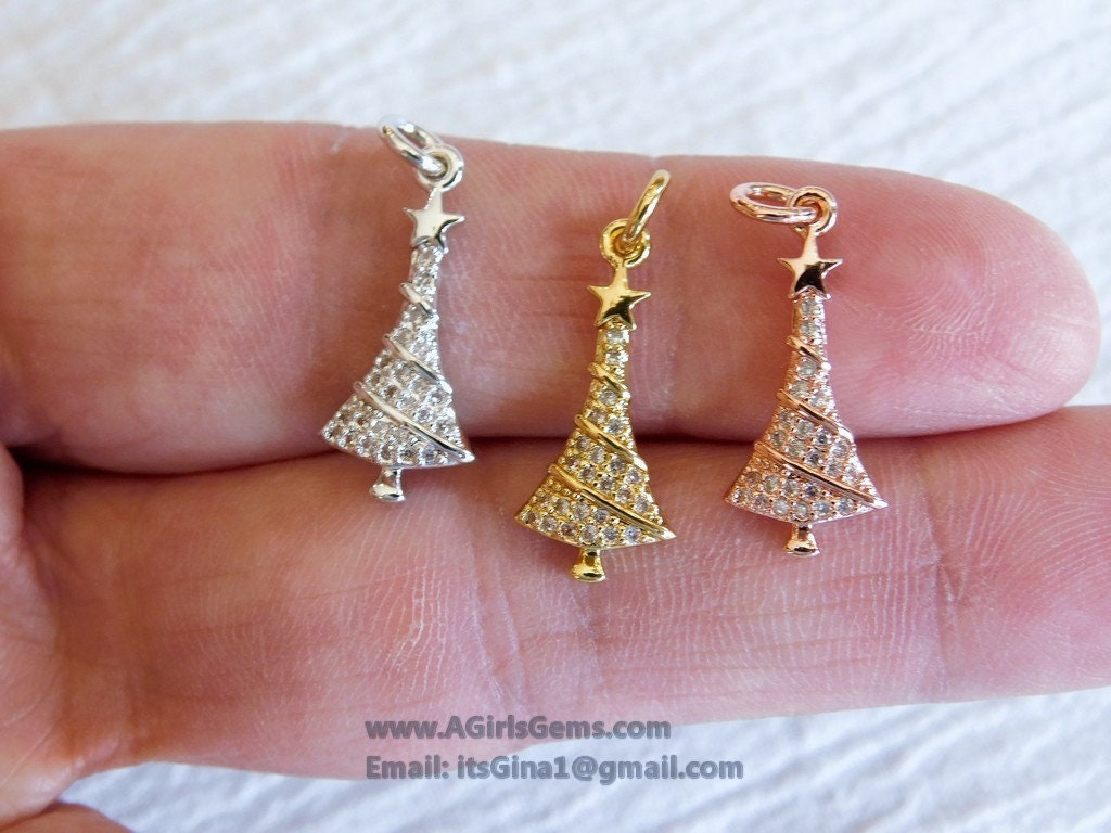 Micro Pave CZ Christmas Tree Charm, CZ Gold Christmas Tree Clear Cubic Zirconia #259, Holiday Jewelry