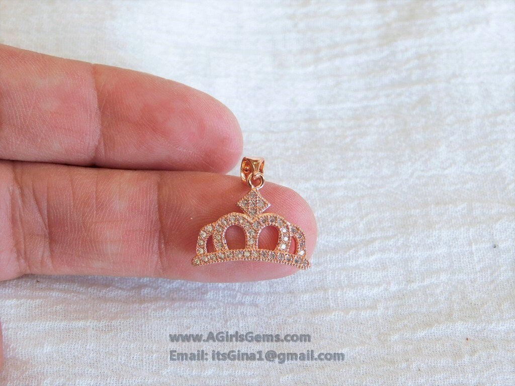 CZ Crown Charm Tiara Pendant Micro Paved Cubic Zirconia Rose Gold Plated 17 x 19 mm Charm Pendant Bracelet Necklace AGGSM265