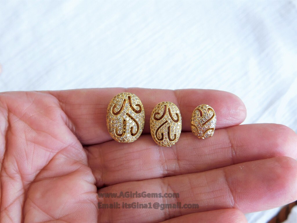 Oval Egg Carved Vintage Flat Bead, Micro Pave Rose Gold Plated Oval, 11 x 15 and 9 x 11 mm Focal Beads