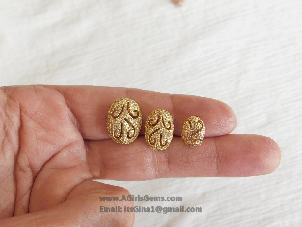 Oval Egg Carved Vintage Flat Bead, Micro Pave Rose Gold Plated Oval, 11 x 15 and 9 x 11 mm Focal Beads