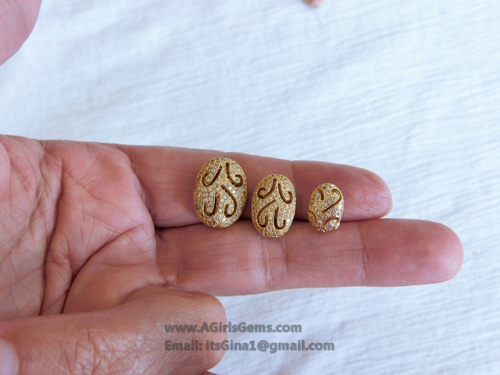 Oval Egg Carved Vintage Flat Bead, Micro Pave Rose Gold Plated Oval, 11 x 15 and 9 x 11 mm Focal Beads