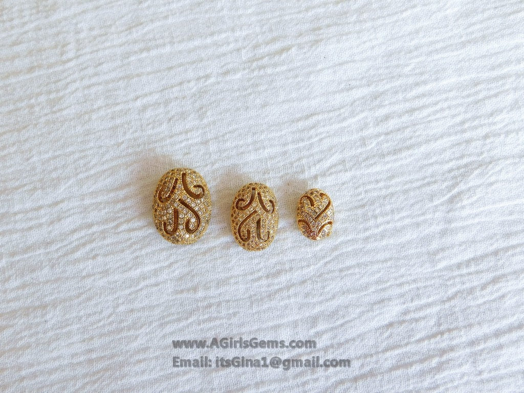 Oval Egg Carved Vintage Flat Bead, Micro Pave Rose Gold Plated Oval, 11 x 15 and 9 x 11 mm Focal Beads