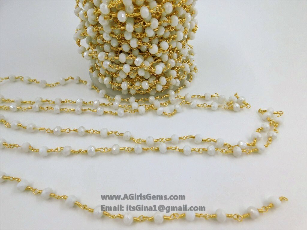 White Chalcedony Rosary Chain, 6 mm Gold Wire Wrapped Chains CH #313, By The Foot