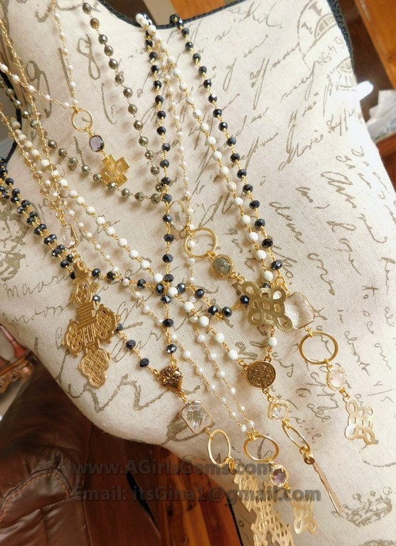 Brass Gold Coptic Cross Necklace, Long Black Rosary Beaded Chain Fashion Necklace, Ethiopian Cross Necklace