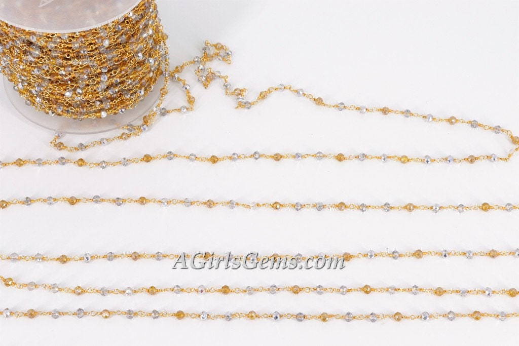 Gold AB Rosary Chain Clear Crystal, Silver Beads and Gold Mystic Yellow CH #327, Multi Color Rosary Chain 4 mm Rondelle