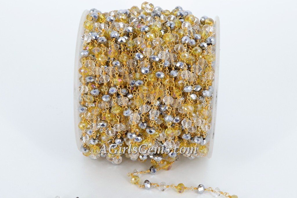 Gold AB Rosary Chain Clear Crystal, Silver Beads and Gold Mystic Yellow CH #327, Multi Color Rosary Chain 4 mm Rondelle