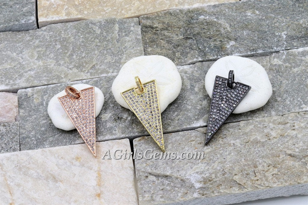 CZ Micro Pave Triangle Charm, Pyramid Shape Pendant, Arrow with Cubic Zirconia Jump Ring
