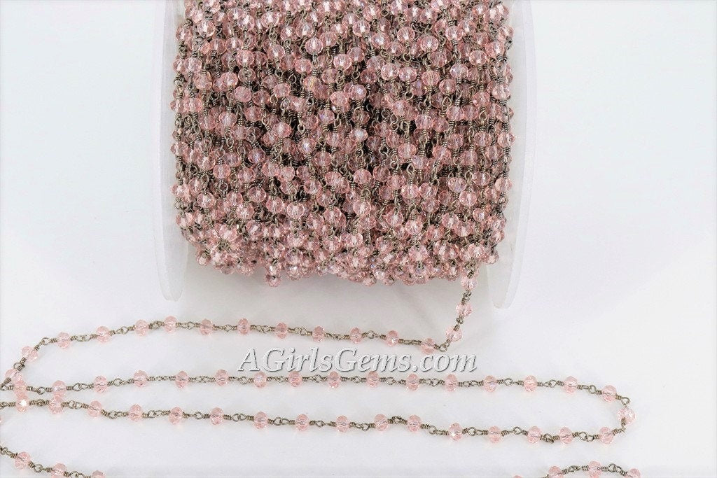 Pink Rosary Crystal Black Chain, 4 mm Rondelle Wire Wrapped CH #332, Jewelry Chains