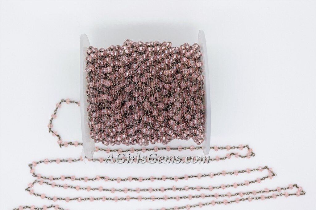 Pink Rosary Crystal Black Chain, 4 mm Rondelle Wire Wrapped CH #332, Jewelry Chains