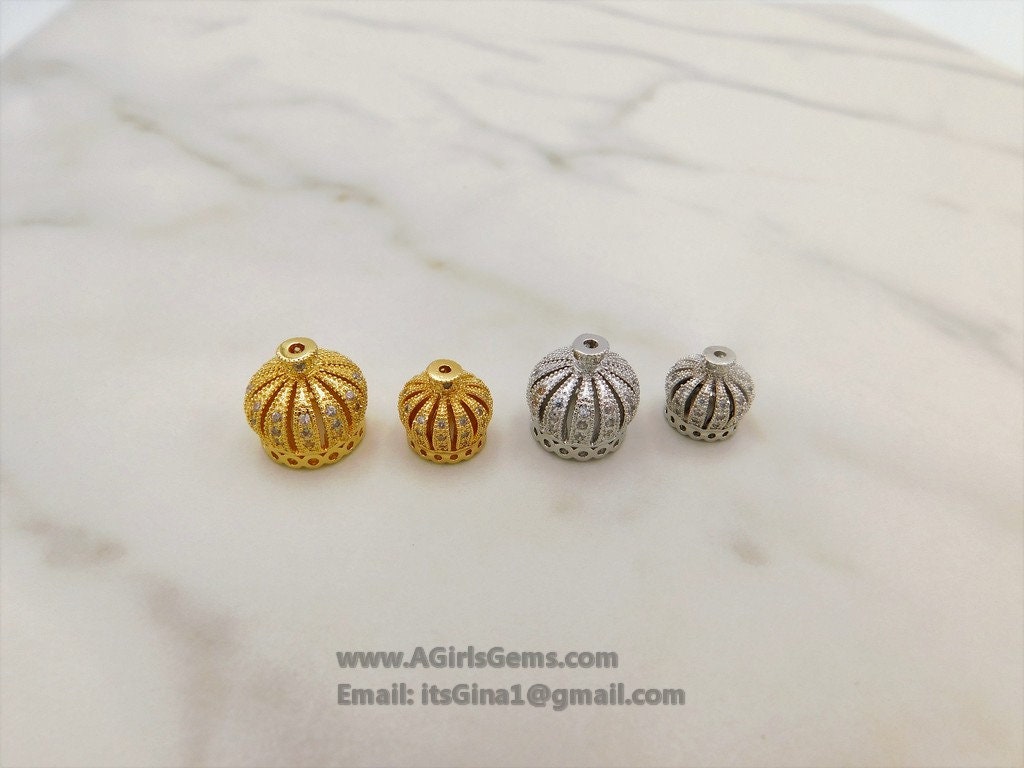 CZ Micro Pave Tassel Caps, Crown Turkish Cap with CZ Bail Bead, 18 k Gold Plated Micro Pave Bead CZ Tassel Focal Bead Caps 12 mm x 25 mm