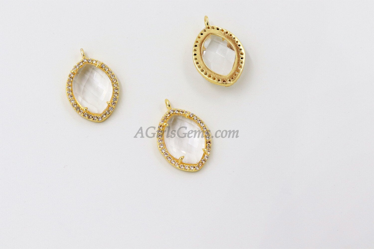 CZ Micro Pave April Birthstone Crystal Pendants, Clear Quartz Leaf Shape/Teardrop, 18 K Gold Plated Gemstone Charms