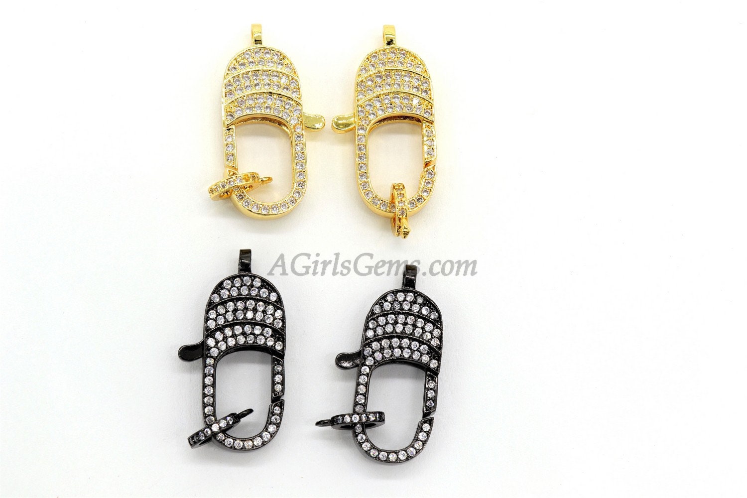 CZ Micro Large Rectangle Lobster Clasp, Gold or Black Clasp 15 x 29 mm, Silver Box Pave Cubic Zirconia Double Sided Claw w/Jump Ring