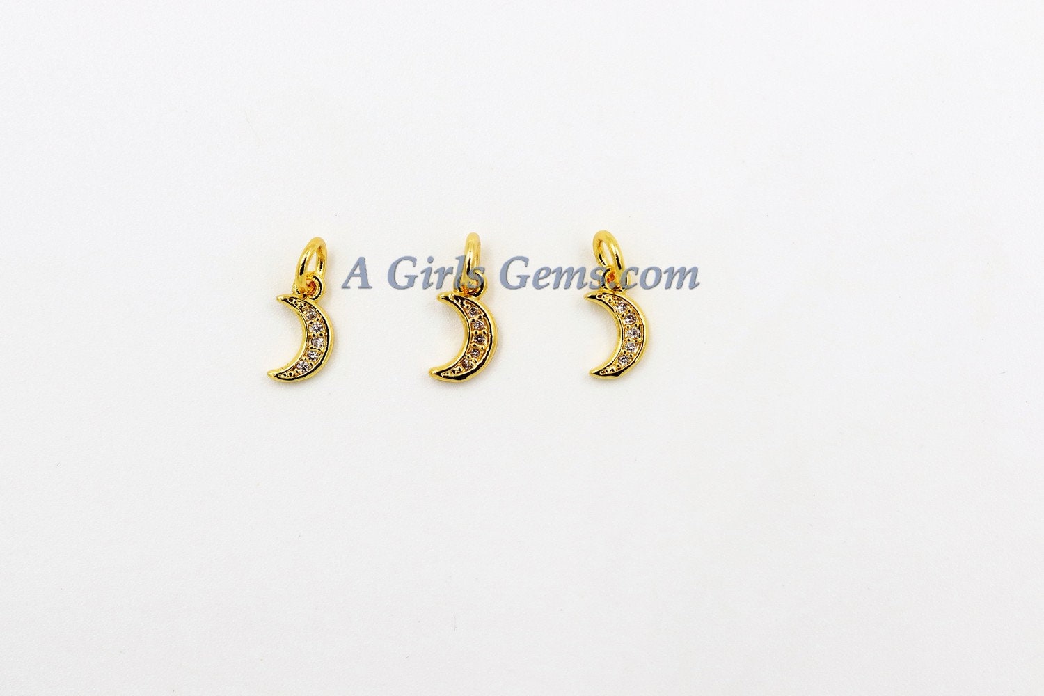 CZ Tiny Crescent Gold Moon Charm, 3 pcs Mini Moon Charms #292, Silver Dainty CZ Rose Moon Charms