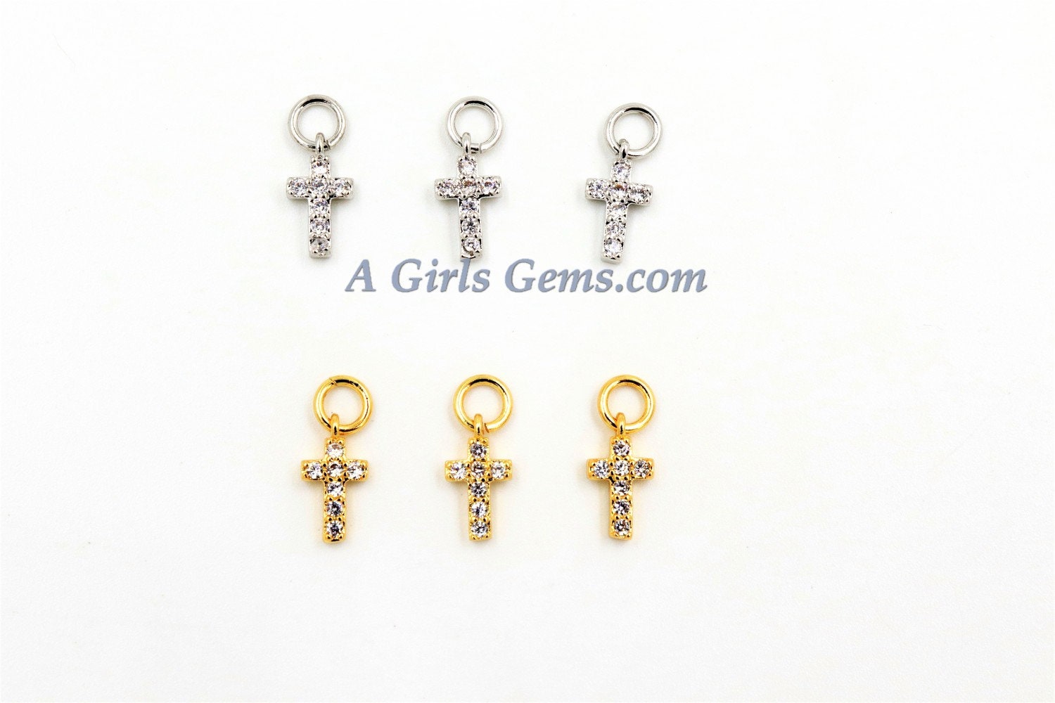 Cross Charms Pendants, CZ Paved Tiny Silver or Gold Cross Charm #139, 5 x 9 mm