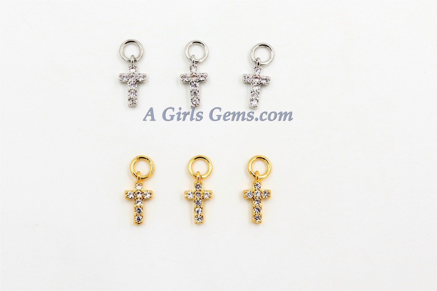Cross Charms Pendants, CZ Paved Tiny Silver or Gold Cross Charm #139, 5 x 9 mm