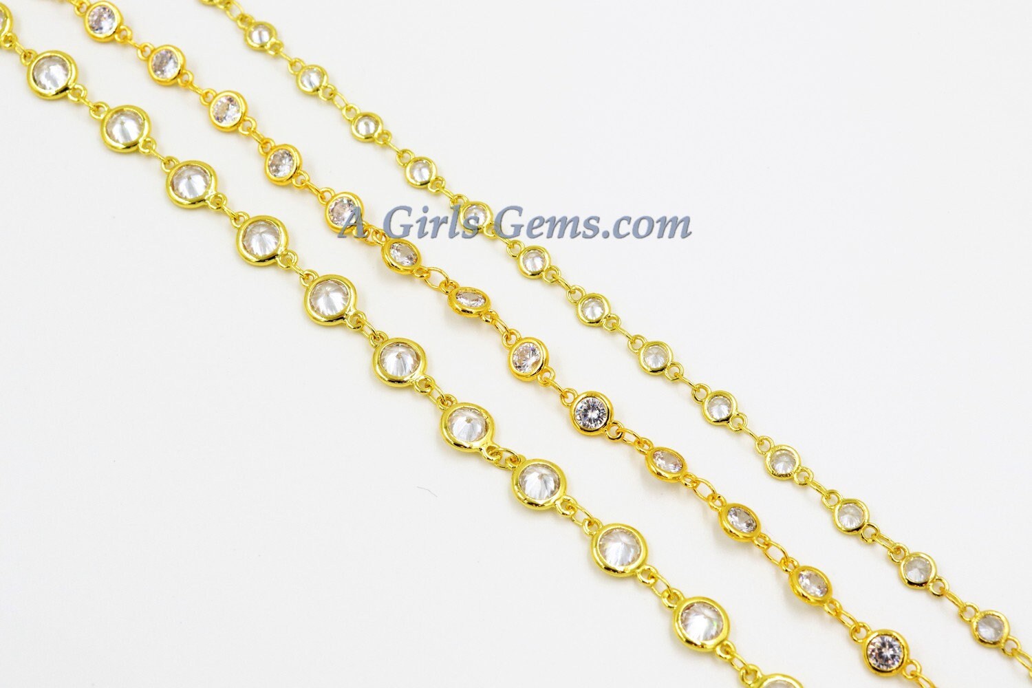 CZ Beaded Chain, 6 mm Genuine CZ Bezel Chain CH #551, Gold Cz Connectors