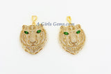 Tiger Head Pendant, CZ Micro Pave Gold Tiger Pendants AG #663, Open Hole Charms