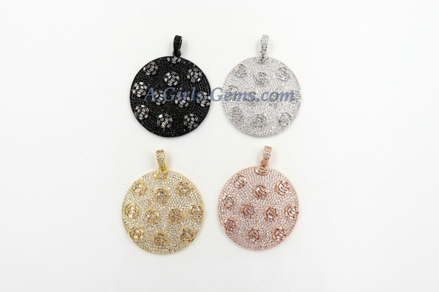 Large Round Disc Pendant, CZ Micro Pave Round Circle Pendant Textured Cubic Zirconia, Patterned Discs