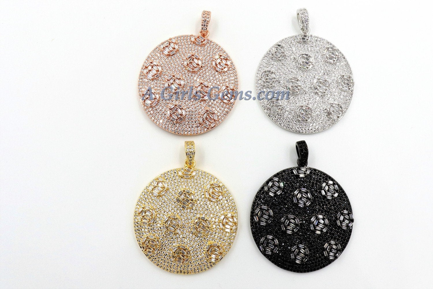 Large Round Disc Pendant, CZ Micro Pave Round Circle Pendant Textured Cubic Zirconia, Patterned Discs