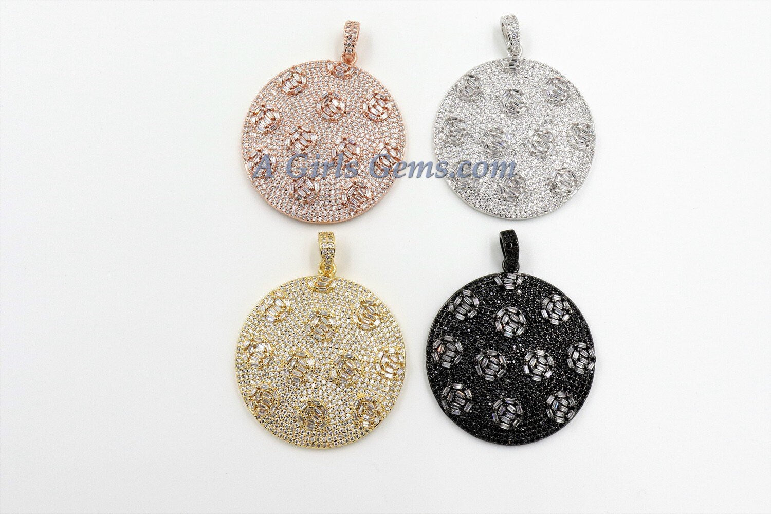 Large Round Disc Pendant, CZ Micro Pave Round Circle Pendant Textured Cubic Zirconia, Patterned Discs