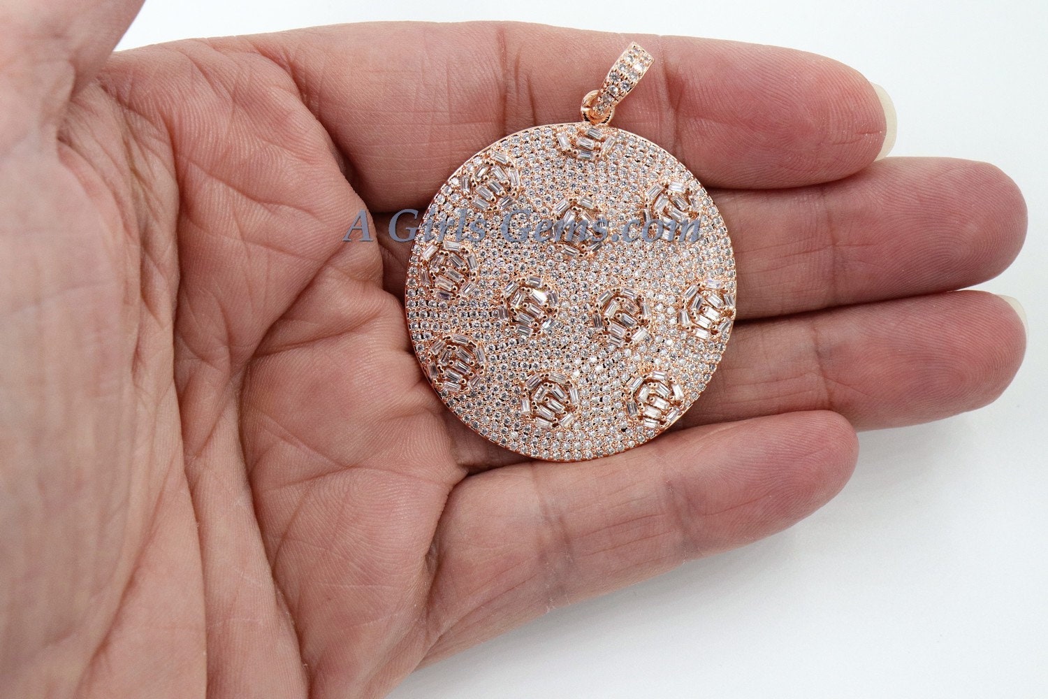 Large Round Disc Pendant, CZ Micro Pave Round Circle Pendant Textured Cubic Zirconia, Patterned Discs