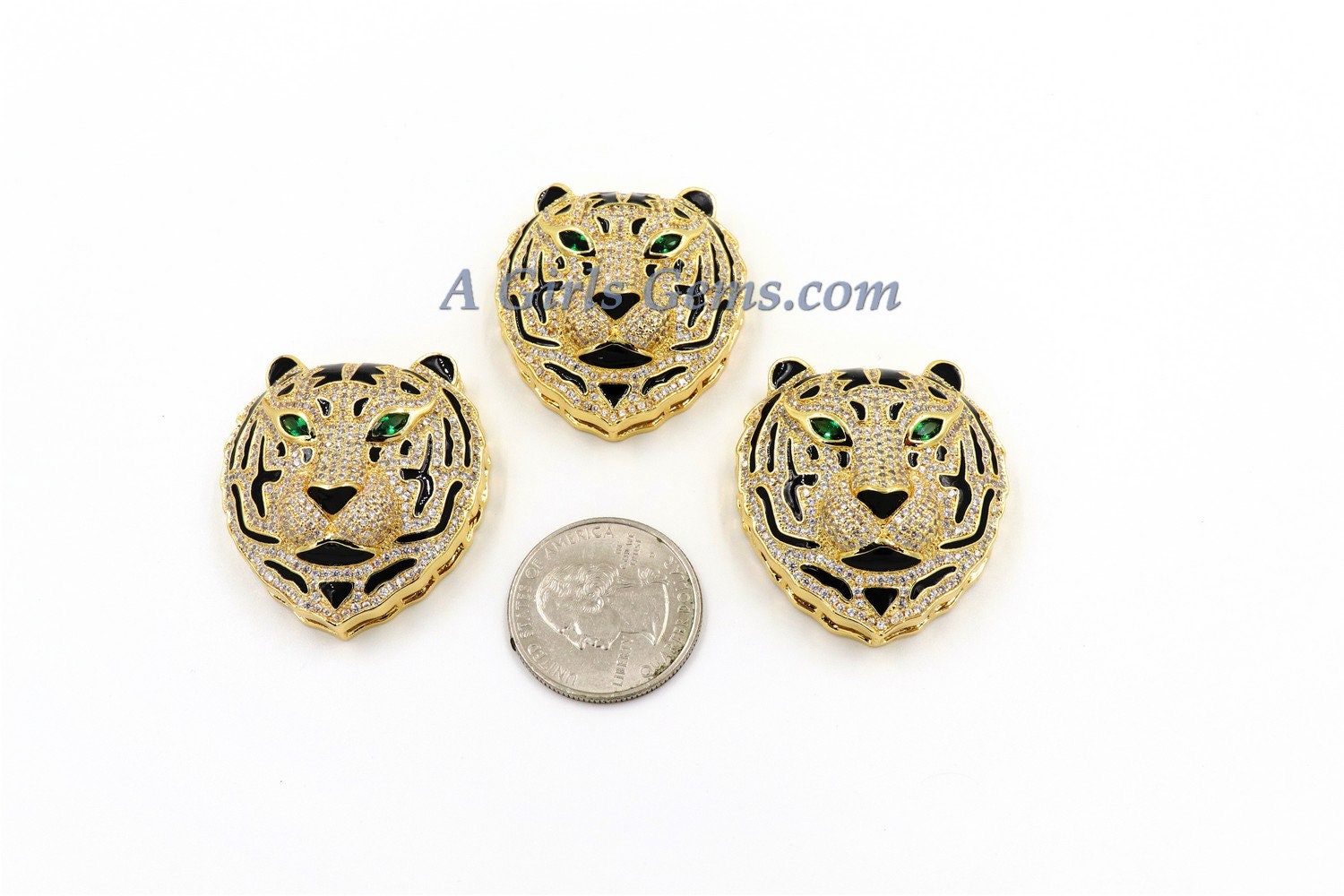 Tiger Head Pendant, AG #663, CZ Micro Pave Gold Tiger Pendant with Bail