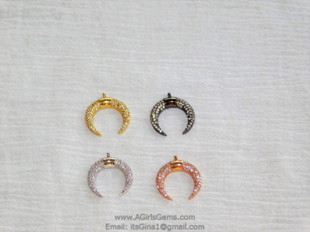 Crescent Moon Charms, CZ Micro Pave Small Double Horn Cz Charm 17 x 19 mm, Gold