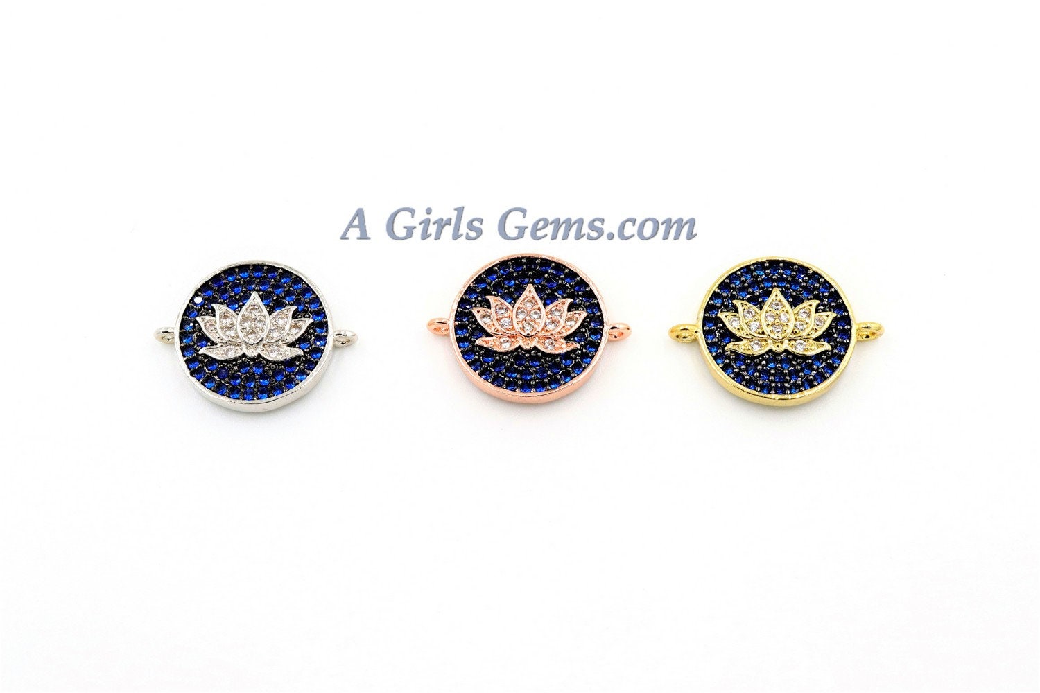 CZ Pave Lotus Flower Connectors , Yoga Charm Blue Disc, Flower Charms Rose