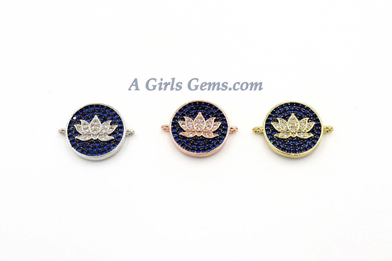 CZ Pave Lotus Flower Connectors , Yoga Charm Blue Disc, Flower Charms Rose