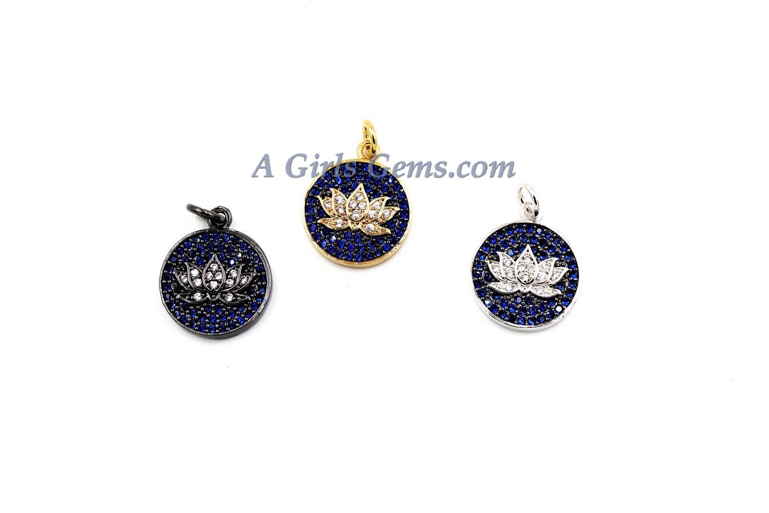 CZ Pave Lotus Flower Connectors , Yoga Charm Blue Disc, Flower Charms Rose